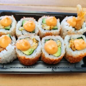 Prawn Tempura, Cucumber, Avocado and Spicy Sesame Seeds Topped With Spicy Mayo