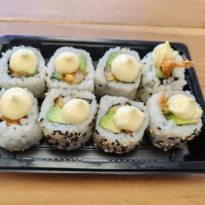 Prawn Tempura, Cucumber, Avocado and Sesame Seeds Topped With Japanese Mayo
