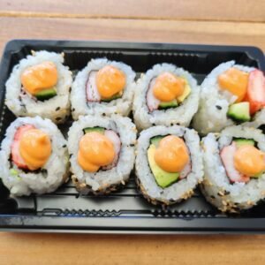 Crab Stick, Cucumber, Avocado and Spicy Sesame Seeds Topped With Spicy Mayo