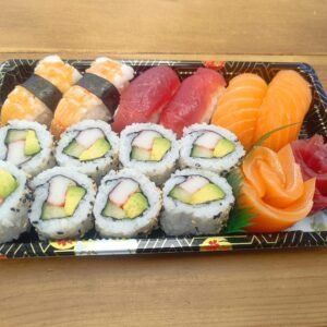 3x Salmon Sashimi 3x Tuna Sashimi 3x Tuna Sashimi 8x California Roll 2x Tuna Nigiri 2x Prawn Nigiri Sesame Seeds