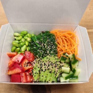 Sushi Rice Carrots Avocado Cucumber Edamame Wakame Salad Poke Sauce Mixed Sesame Seeds