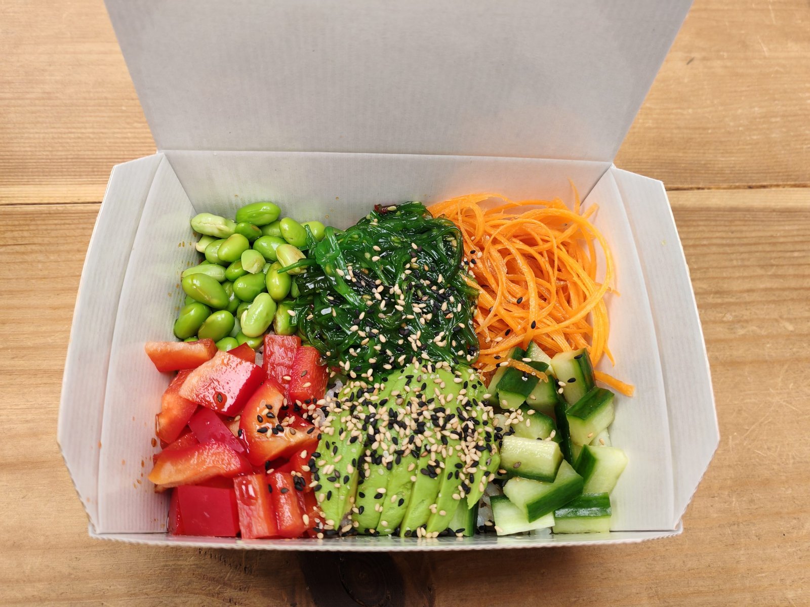 Sushi Rice Carrots Avocado Cucumber Edamame Wakame Salad Poke Sauce Mixed Sesame Seeds