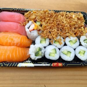 2x Salmon Nigiri 2x Tuna Nigiri 8x Cucumber Maki 8x California Crispy Onion Crunch Roll