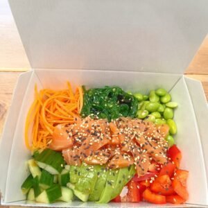 Sushi Rice Salmon Carrots Avocado Cucumber Edamame Poke Sauce Wakame Salad Mixed Sesame Seeds