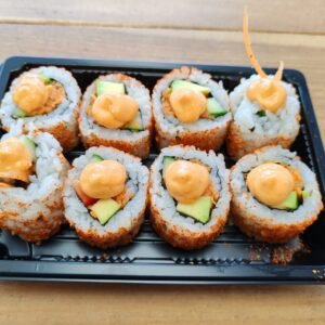 352. Spicy Vegetarian roll Avocado, Cucumber, Carrot, Red Pepper and Spicy Sesame Seeds Topped With Spicy Mayo