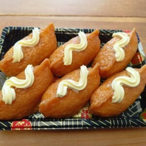 Inari & Japanese Mayo -6 Pieces Rice Inside Fried Sweet Tofu Pouch Topped With Japanese Mayo