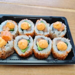354. Spicy Salmon Roll Salmon, Cucumber, Avocado and Spicy Sesame Seeds Topped With Spicy Mayo