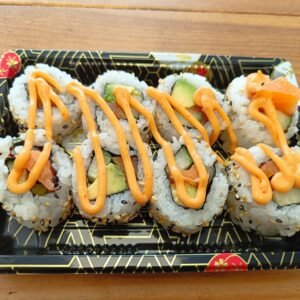 Vegan Salmon, Cucumber, Avocado and Spicy Sesame Seeds Topped With Vegan Spicy Mayo