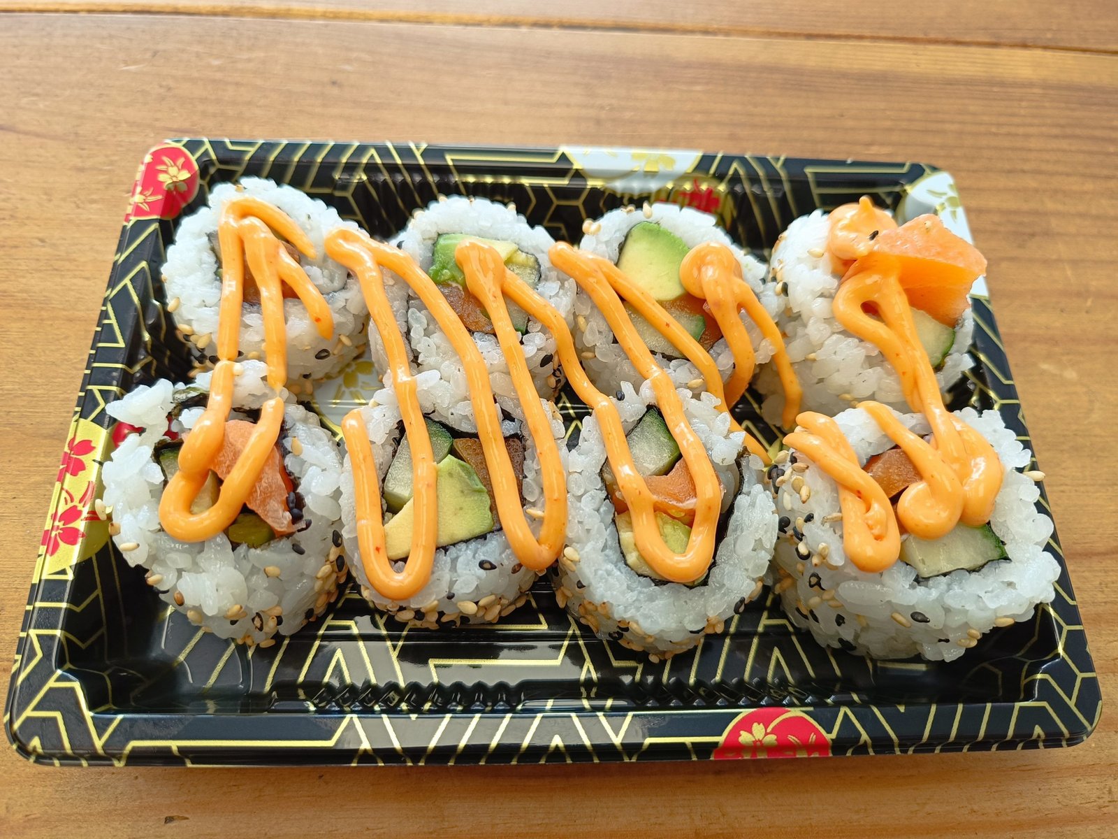 Vegan Salmon, Cucumber, Avocado and Spicy Sesame Seeds Topped With Vegan Spicy Mayo
