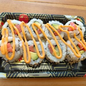 Vegan Tuna, Cucumber, Avocado and Spicy Sesame Seeds Topped With Vegan Spicy Mayo