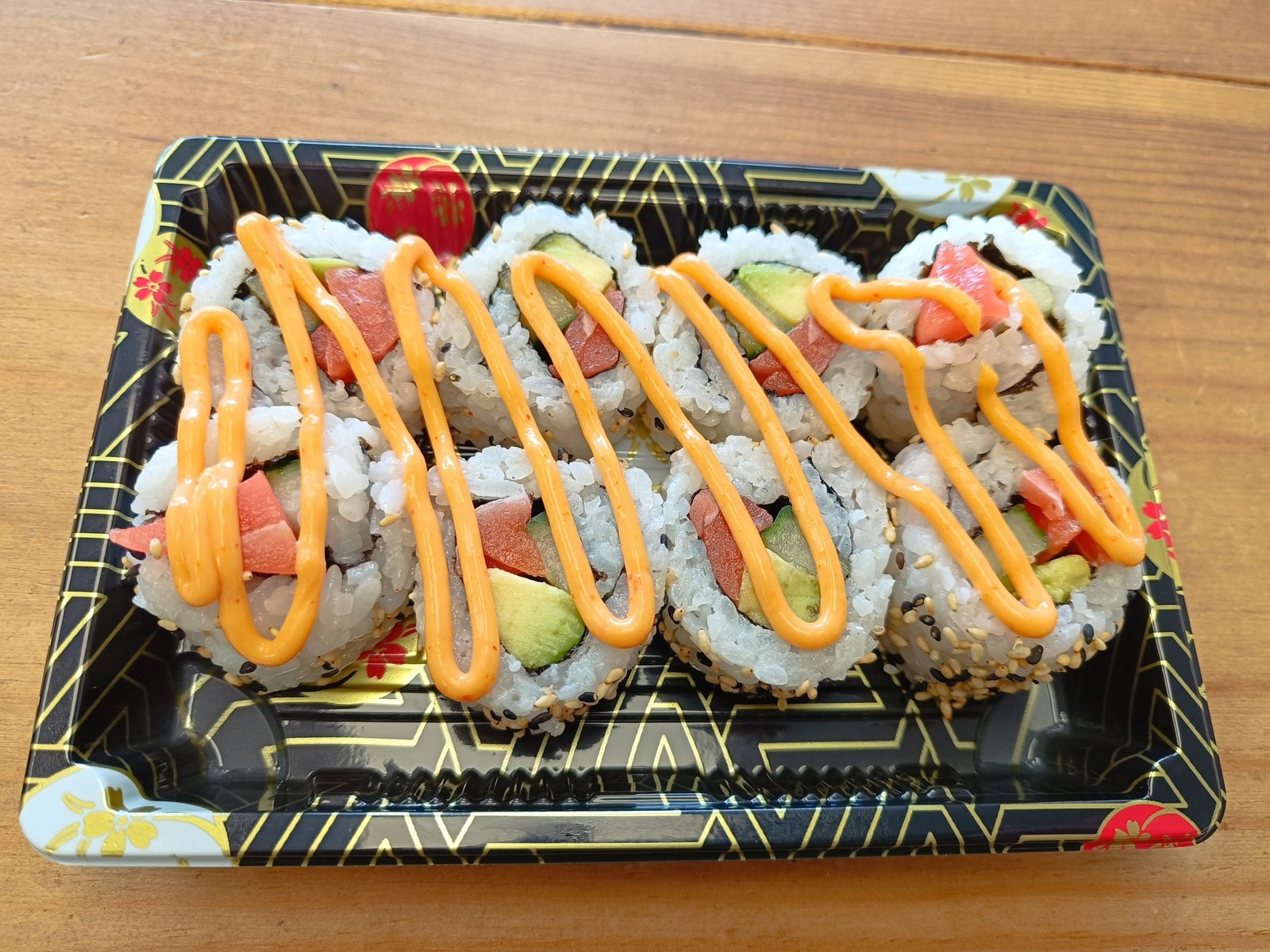 Vegan Tuna, Cucumber, Avocado and Spicy Sesame Seeds Topped With Vegan Spicy Mayo